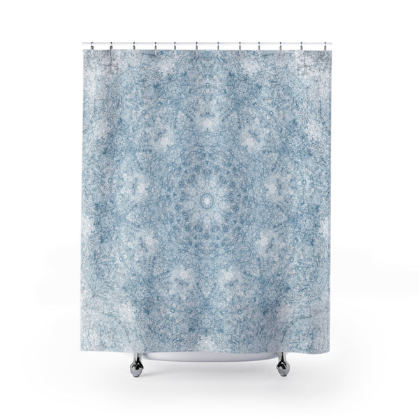 Blue and White Textured Mandala Pattern Shower Curtain for a Clean Rustic Bathroom
