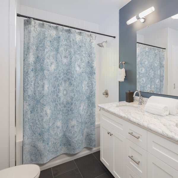 Blue and White Textured Mandala Pattern Shower Curtain for a Clean Rustic Bathroom