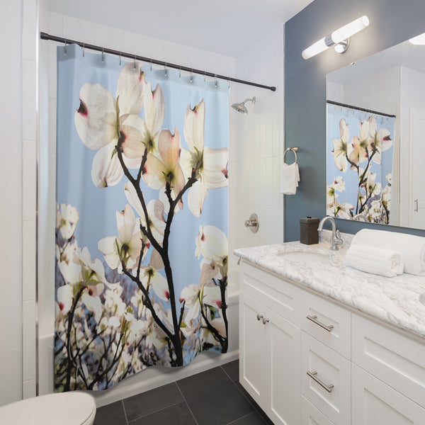 Blush Pink Dogwood Flowers Shower Curtain, With Clear Blue Sky