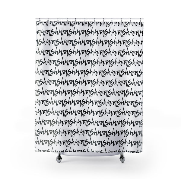 Cursive Text "Wash" Stripes in Black on White Shower Curtain in a Repeating Pattern