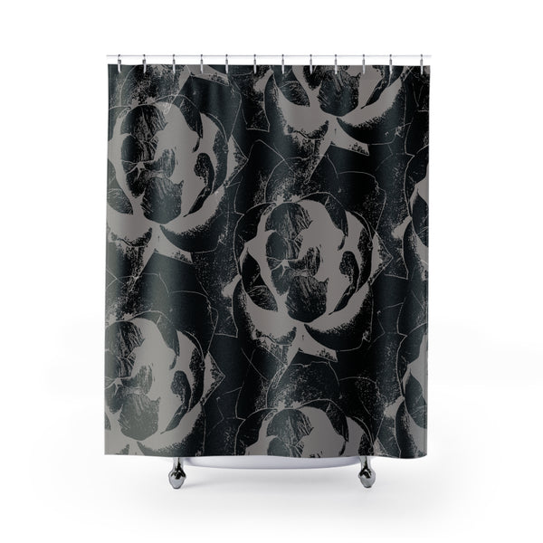 Black and Gray Fabric Shower Curtain - Giant Pop Art Roses Lino Print Style for Bold Decor