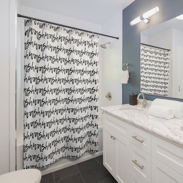 Cursive Text "Wash" Stripes in Black on White Shower Curtain in a Repeating Pattern