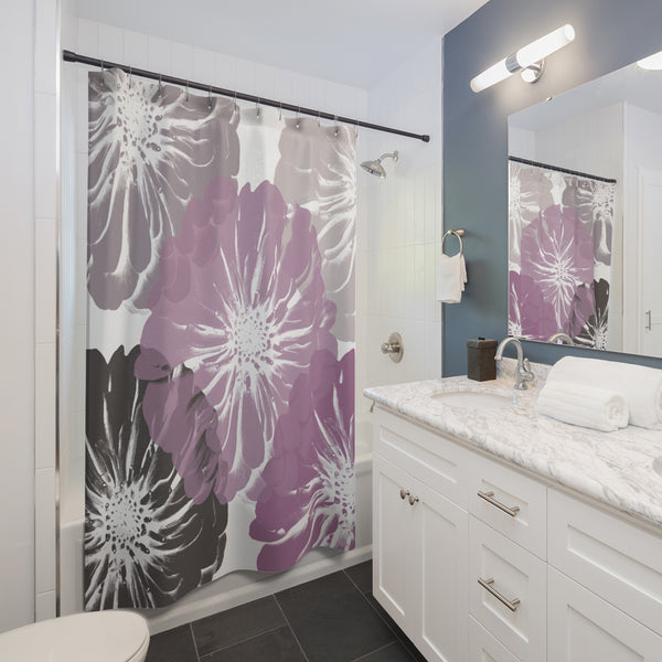 Pink and Gray Zinnia Giant Flowers Shower Curtain Modern Art Print on White