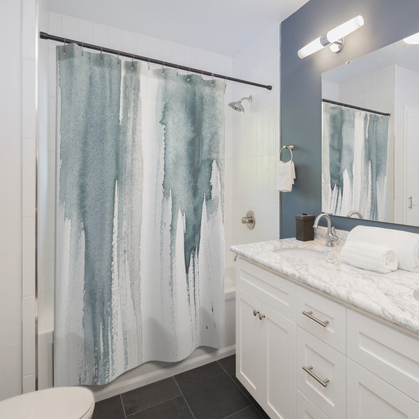 Slate Gray Blue on White Watercolor Giant Drip Art Shower Curtain