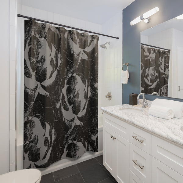 Black and Gray Fabric Shower Curtain - Giant Pop Art Roses Lino Print Style for Bold Decor