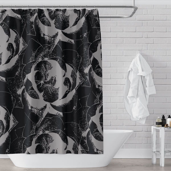 Black and Gray Fabric Shower Curtain - Giant Pop Art Roses Lino Print Style for Bold Decor