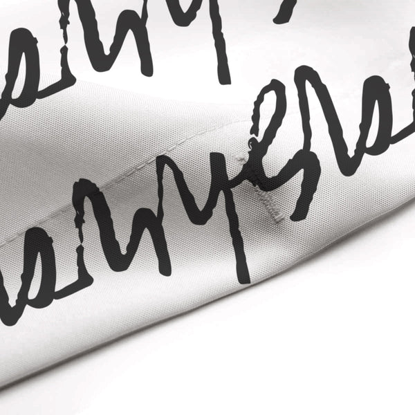 Cursive Text "Wash" Stripes in Black on White Shower Curtain in a Repeating Pattern