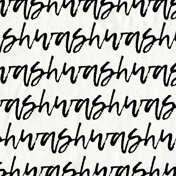 Cursive Text "Wash" Stripes in Black on White Shower Curtain in a Repeating Pattern