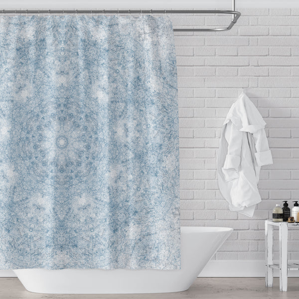 Blue and White Textured Mandala Pattern Shower Curtain for a Clean Rustic Bathroom