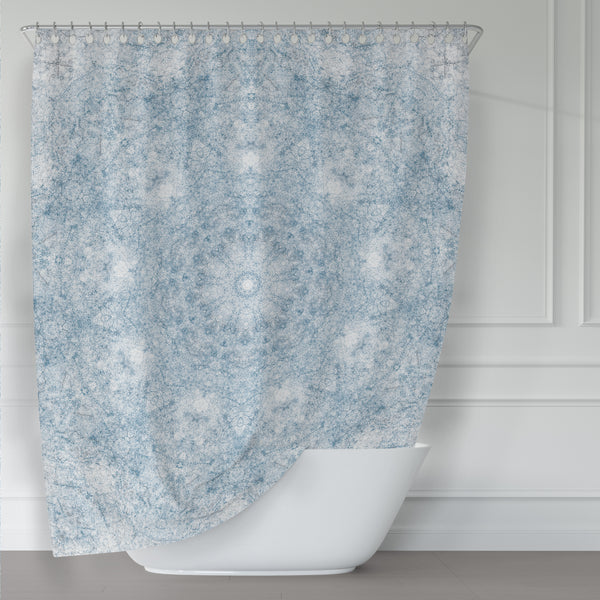 Blue and White Textured Mandala Pattern Shower Curtain for a Clean Rustic Bathroom