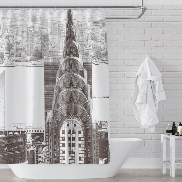 New York Skyline's Chysler Building Shower Curtain - Light Gray / Sepia Neutral Tone