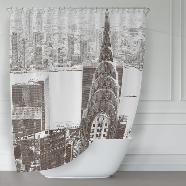 New York Skyline's Chysler Building Shower Curtain - Light Gray / Sepia Neutral Tone