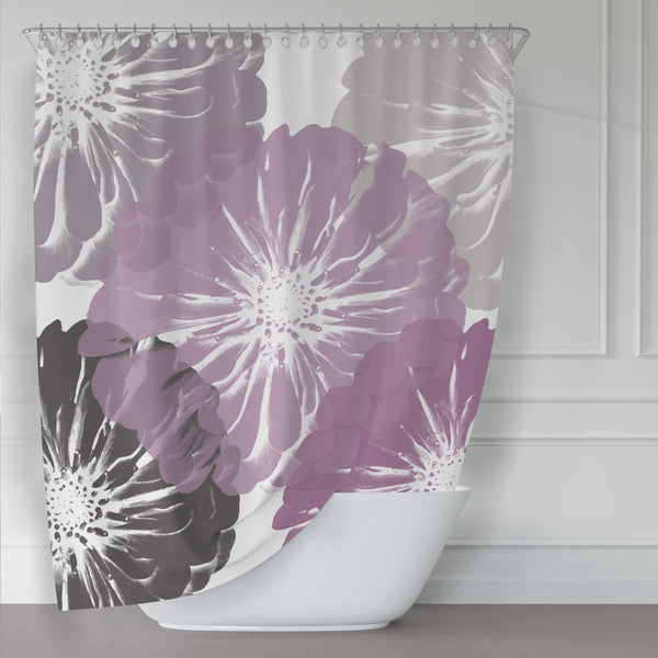 Pink and Gray Zinnia Giant Flowers Shower Curtain Modern Art Print on White