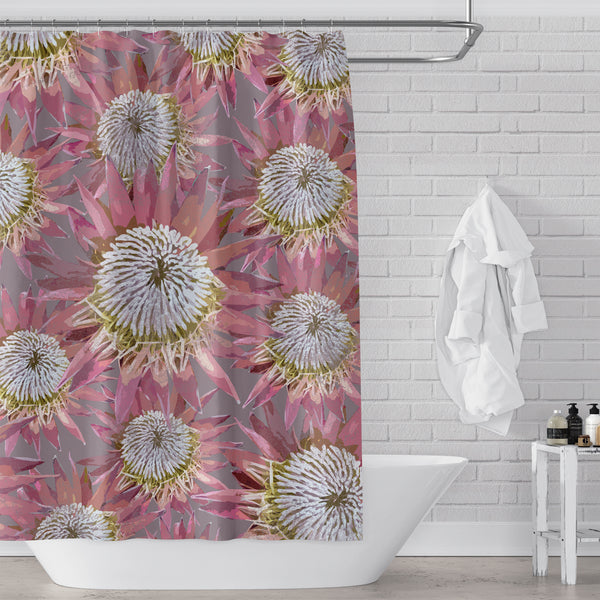 Dark Pink and Gray Floral Pattern Fabric Shower Curtain - Modern Poster Style