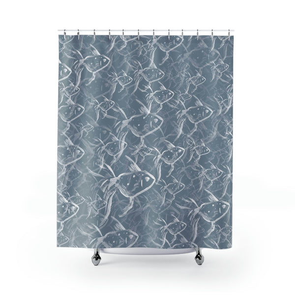Blue and White Fish Impressions Shower Curtain