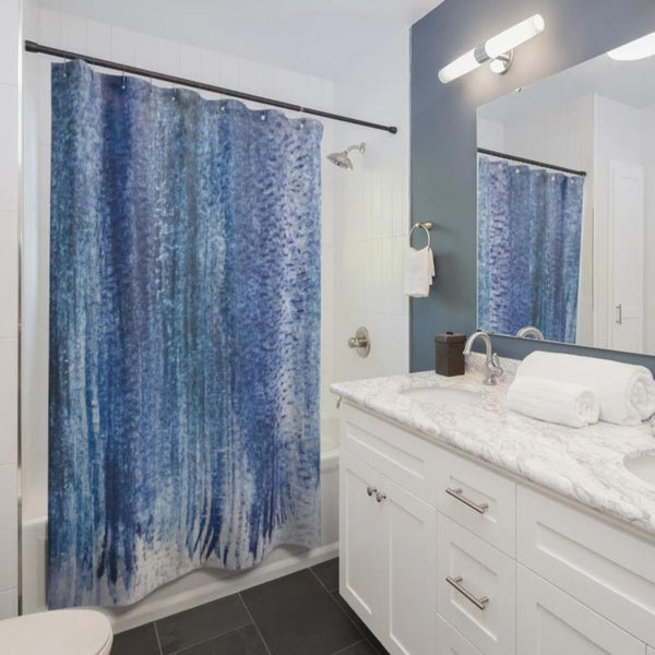 Dark Blue Abstract Watercolor Stripes / Contemporary Coastal Shower Curtain - Metro Shower Curtains