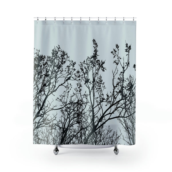Birds in a Tree Shower Curtain - Black Silhouette on Gray / Sky Blue Background