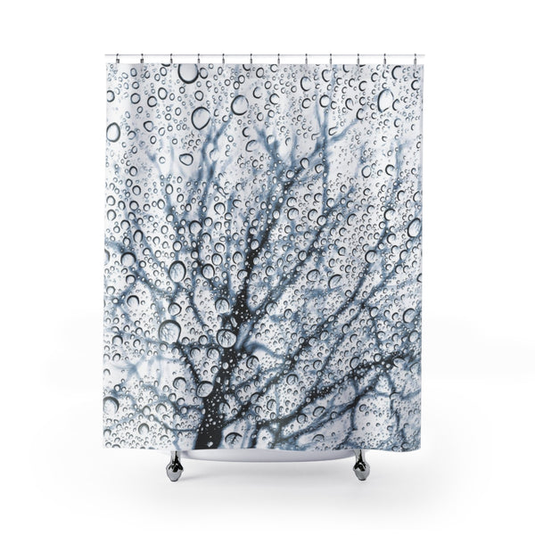 Slate Blue Tree with Raindrops Print Shower Curtain - Metro Shower Curtains