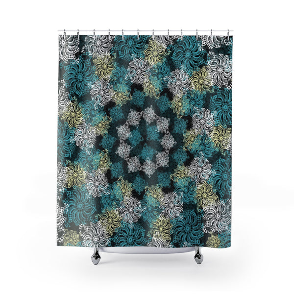 Black Turquoise and Yellow Modern Boho Lace Mandala Shower Curtain - Metro Shower Curtains