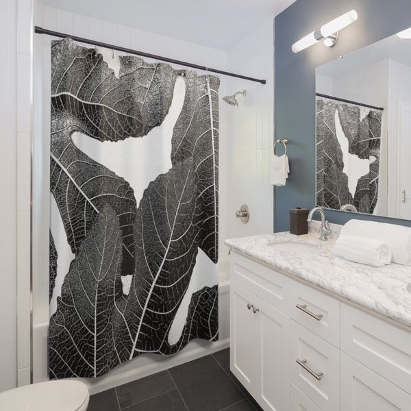 Modern Black and White Fig Leaves Botanical Shower Curtain - Metro Shower Curtains