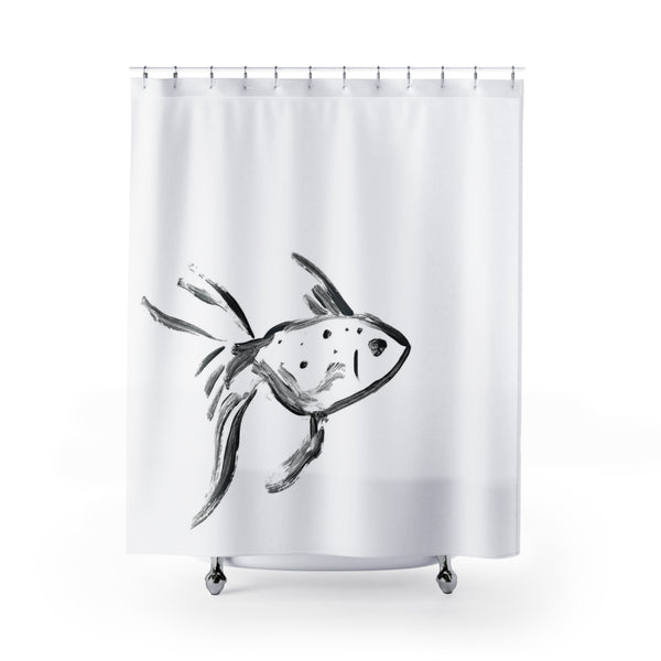 One Fish Shower Curtain:  Black and White Ink Sketch