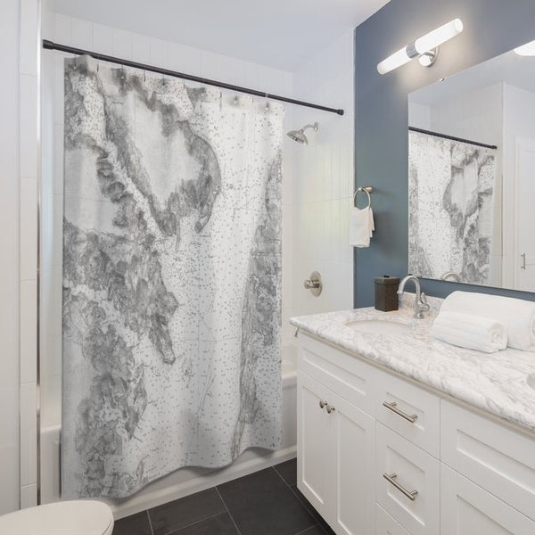 Map of Central Chesapeake Bay Shower Curtain - Gray and White - at Annapolis & Kent Island, Maryland - Metro Shower Curtains