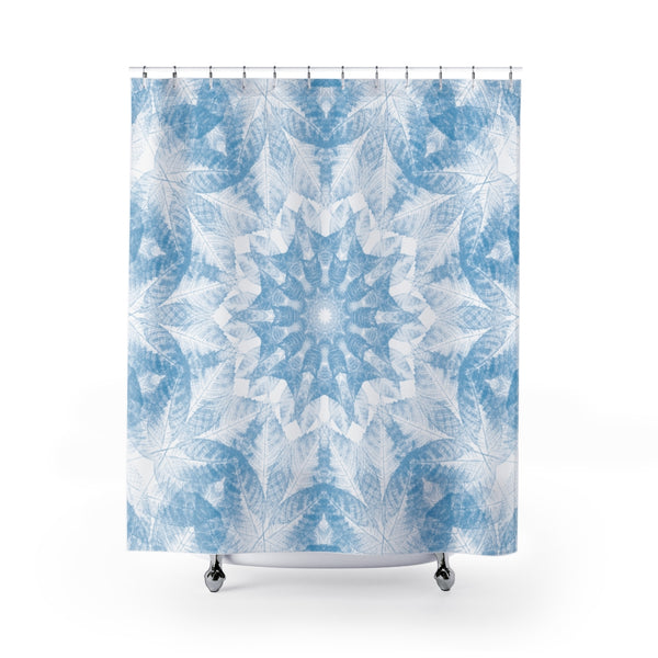 Light Cerulean Blue and White Walnut Leaf Nature Print Mandala Shower Curtain - Metro Shower Curtains
