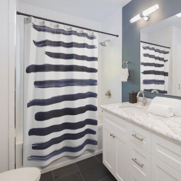 Navy Blue on White Minimalist Brush Stroke Stripes Shower Curtain