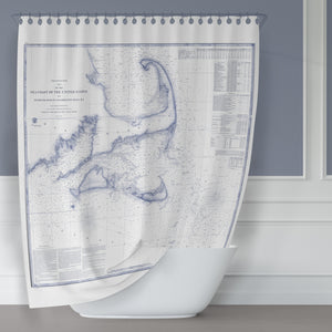 Vintage Cape Cod, Martha's Vineyard, Nantucket and South Massachusetts Seacoast Map / Nautical Chart in Blue and White Fabric Shower Curtain - Metro Shower Curtains