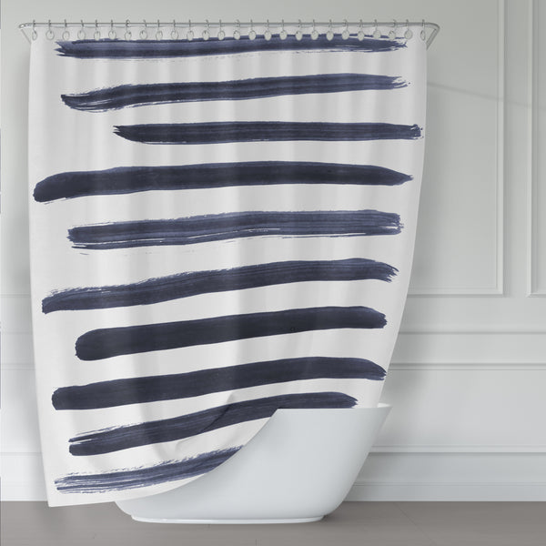 Navy Blue on White Minimalist Brush Stroke Stripes Shower Curtain