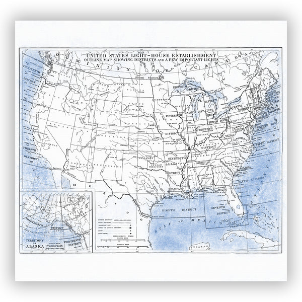 United States Blue, White and Black Vintage Lighthouse Location Map, Circa 1896 - Metro Shower Curtains