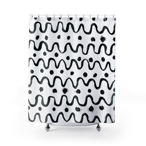 Black on White Scandi Large-Scale Loose Dots & Squiggles Mod Print Shower Curtain - Metro Shower Curtains