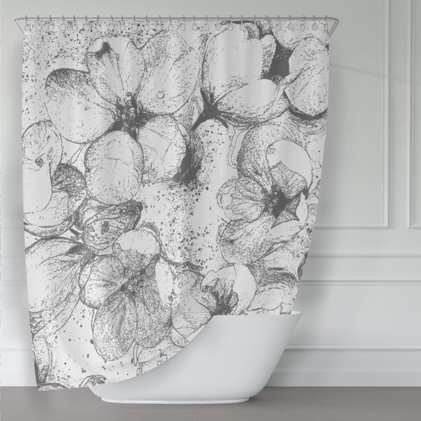 Apple Blossom Shower Curtain, Large-Scale, Gray Sketch Style - Metro Shower Curtains