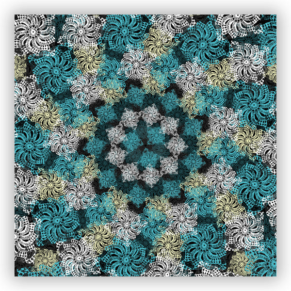 Black Turquoise and Yellow Modern Boho Lace Mandala Shower Curtain - Metro Shower Curtains