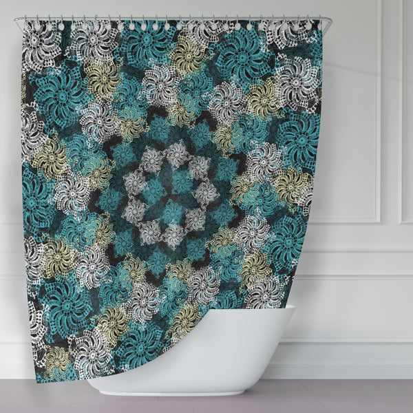 Black Turquoise and Yellow Modern Boho Lace Mandala Shower Curtain - Metro Shower Curtains