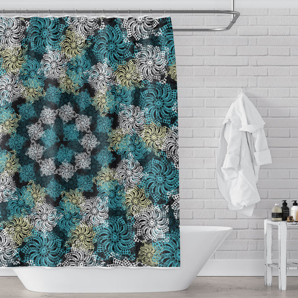 Black Turquoise and Yellow Modern Boho Lace Mandala Shower Curtain - Metro Shower Curtains