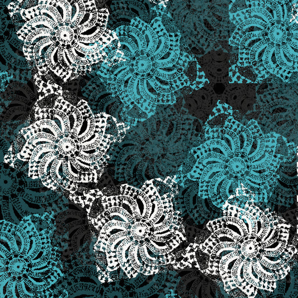 Black Turquoise and Yellow Modern Boho Lace Mandala Shower Curtain - Metro Shower Curtains