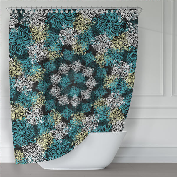 Black Turquoise and Yellow Modern Boho Lace Mandala Shower Curtain - Metro Shower Curtains