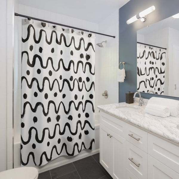 Black on White Scandi Large-Scale Loose Dots & Squiggles Mod Print Shower Curtain - Metro Shower Curtains