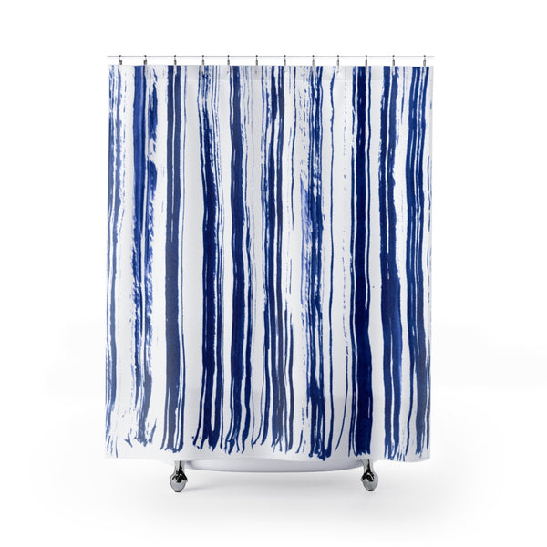 Indigo Dry Brush Stripes on Clean White Shower Curtain, Abstract Contemporary Watercolor Art - Metro Shower Curtains