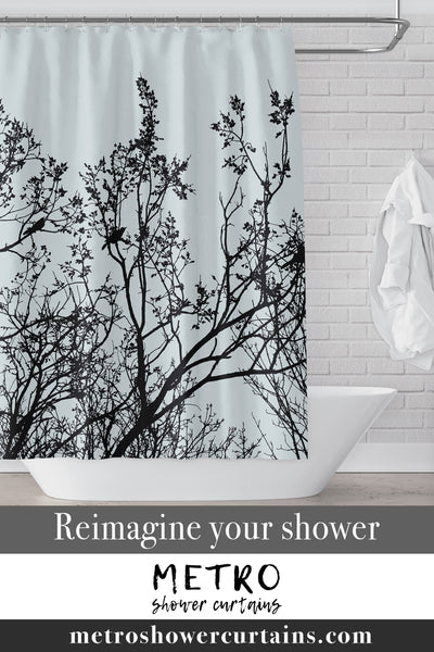 Birds in a Tree Shower Curtain - Black Silhouette on Gray / Sky Blue Background