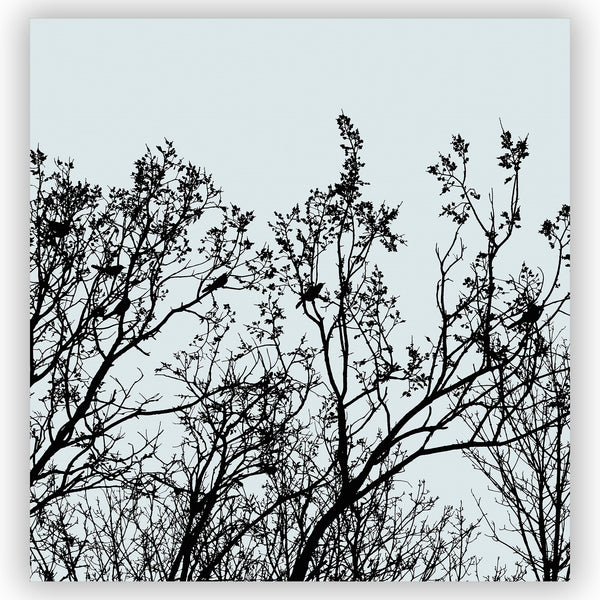 Birds in a Tree Shower Curtain - Black Silhouette on Gray / Sky Blue Background