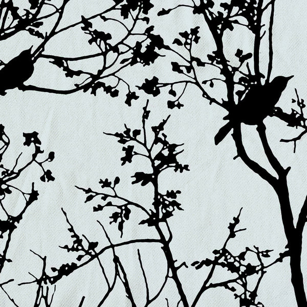 Birds in a Tree Shower Curtain - Black Silhouette on Gray / Sky Blue Background