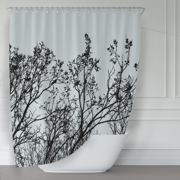 Birds in a Tree Shower Curtain - Black Silhouette on Gray / Sky Blue Background