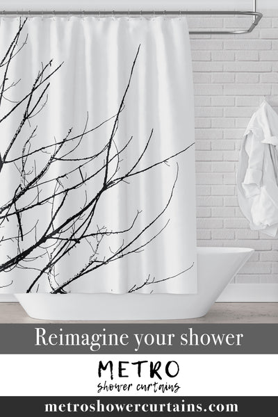 Minimalist Winter Branches Black and White Shower Curtain