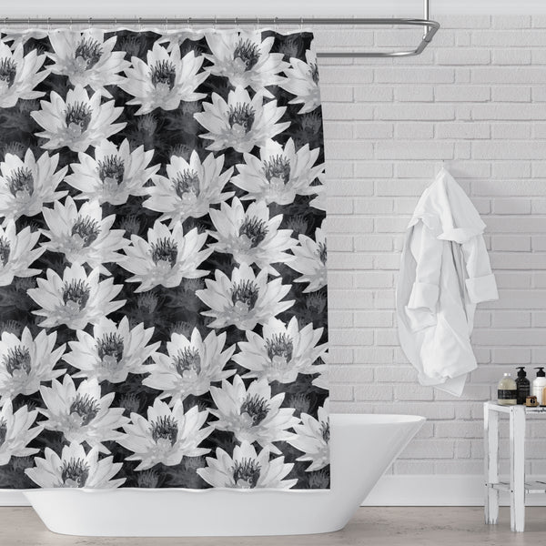 Lotus Flower Black and White Spa Design Shower Curtain - Metro Shower Curtains
