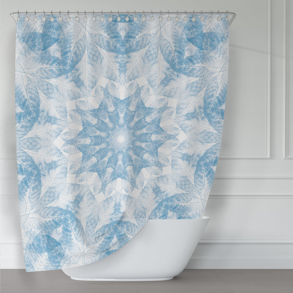 Light Cerulean Blue and White Walnut Leaf Nature Print Mandala Shower Curtain - Metro Shower Curtains