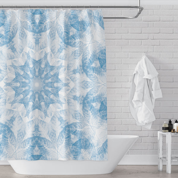 Light Cerulean Blue and White Walnut Leaf Nature Print Mandala Shower Curtain - Metro Shower Curtains