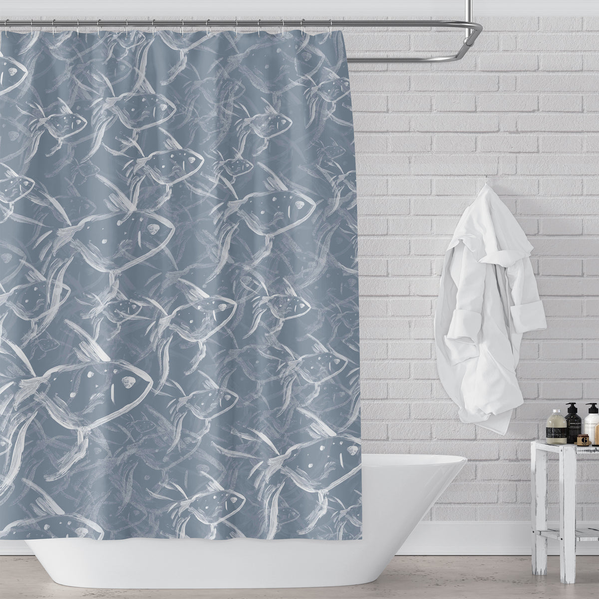 Blue and White Fish Impressions Shower Curtain