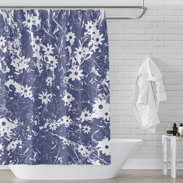 Navy Blue and White Daisy Wildflower Meadow Shower Curtain